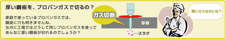 厚い鉄板を、プロパンガスで切るの？
家庭で使っているプロパンガスでは、鍋底に穴もあきませんね、
なのに工場ではどうして同じプロパンガスを使って
あんなに厚い鉄板が切れるのでしょうか？